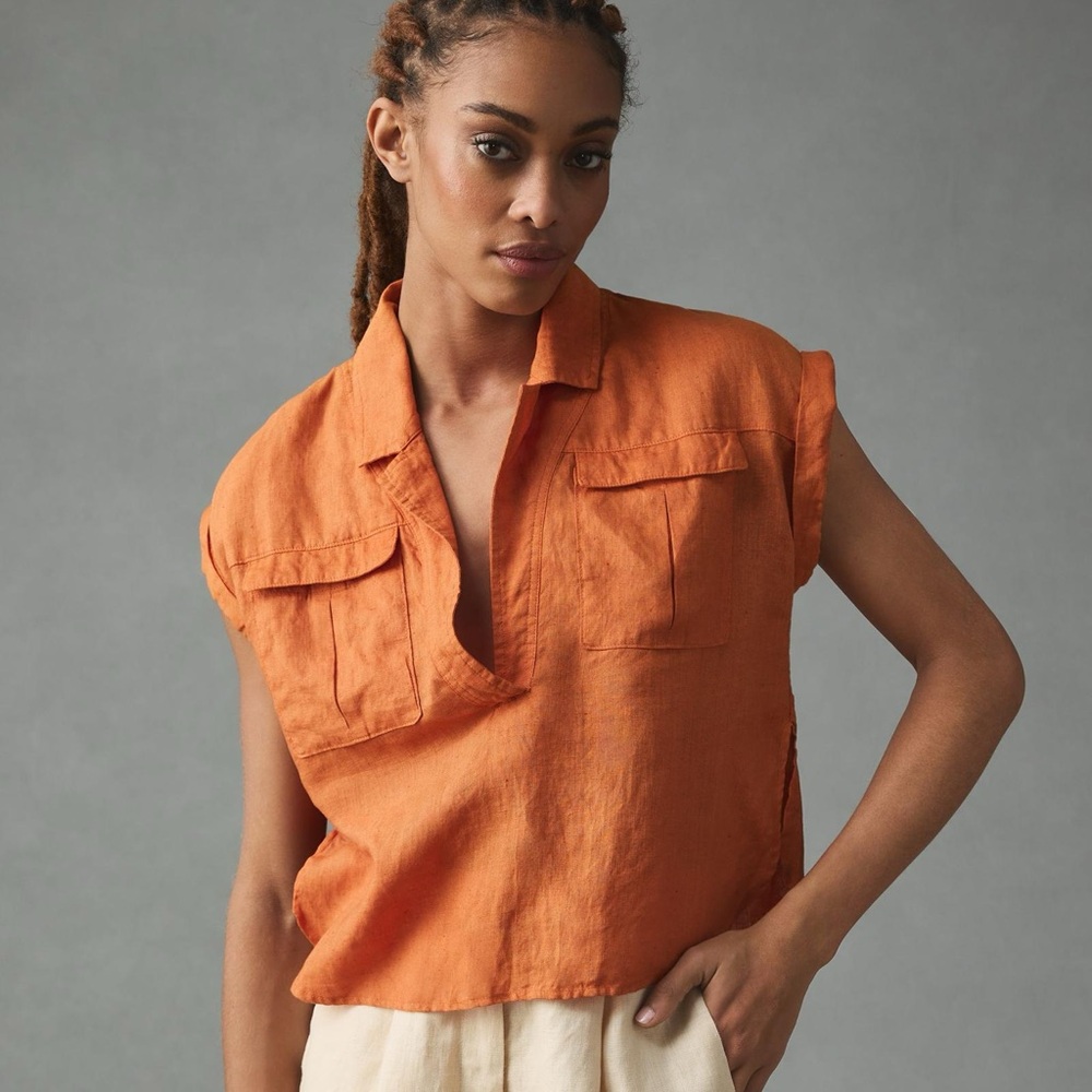 Anthropologie Burnt Orange Linen Utility Blouse